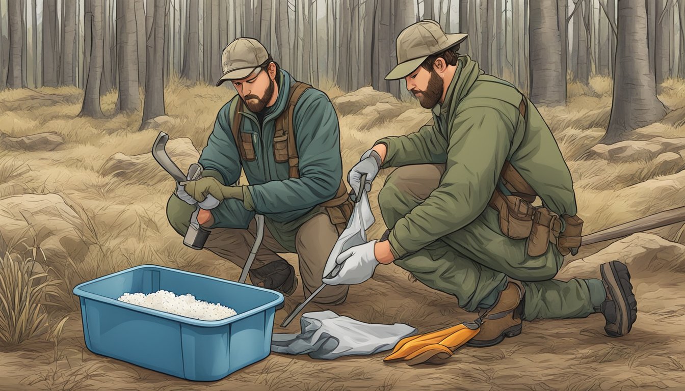 A hunter using a field dressing kit to clean and prepare a freshly caught animal