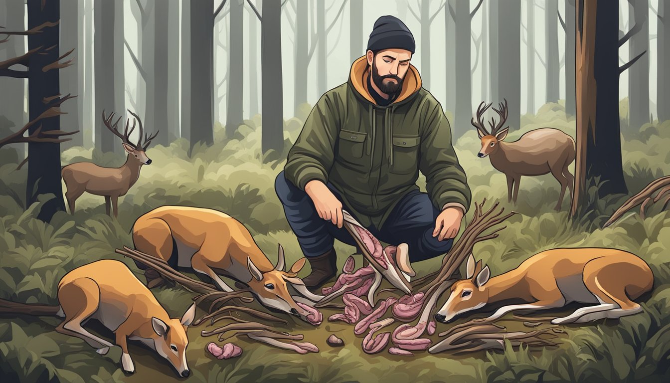 A hunter carefully removes and disposes of deer intestines away from the carcass to avoid contamination