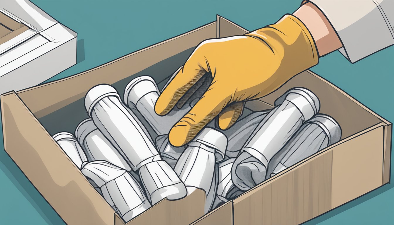 A hand reaching into a box of long field dressing gloves, carefully examining the size and fit of each pair