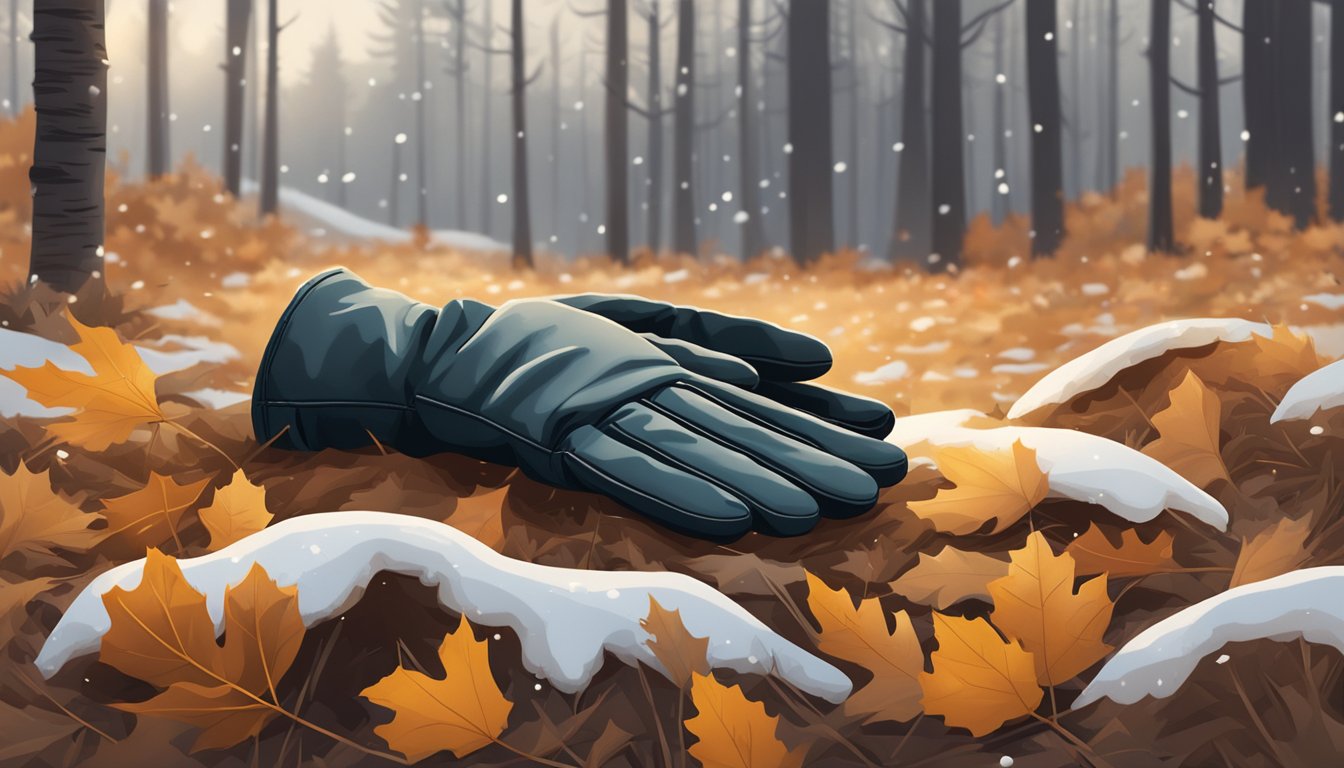 A pair of long field dressing gloves lying on the ground, surrounded by fallen leaves and pine needles, with a backdrop of bare trees and a hint of snow on the ground