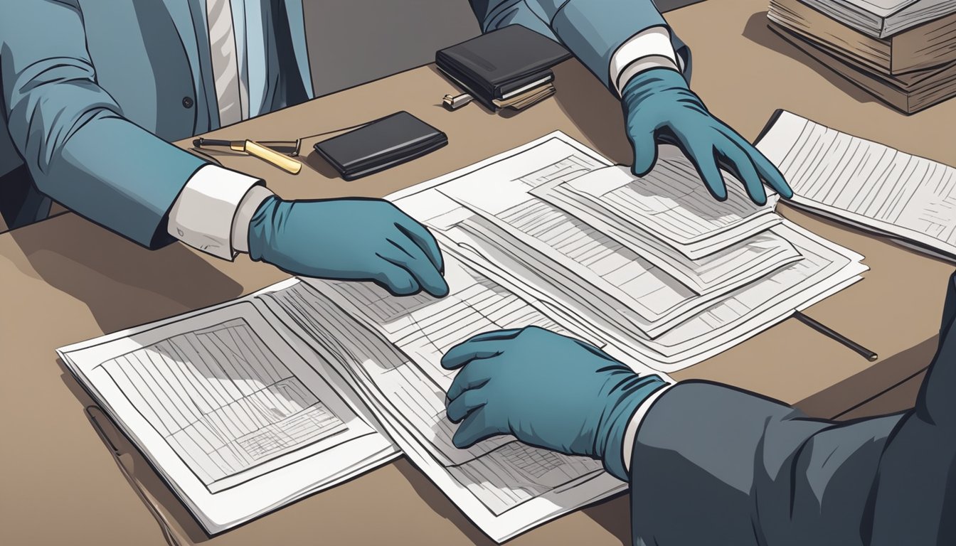 A person wearing long field dressing gloves while handling legal and ethical documents in a professional setting