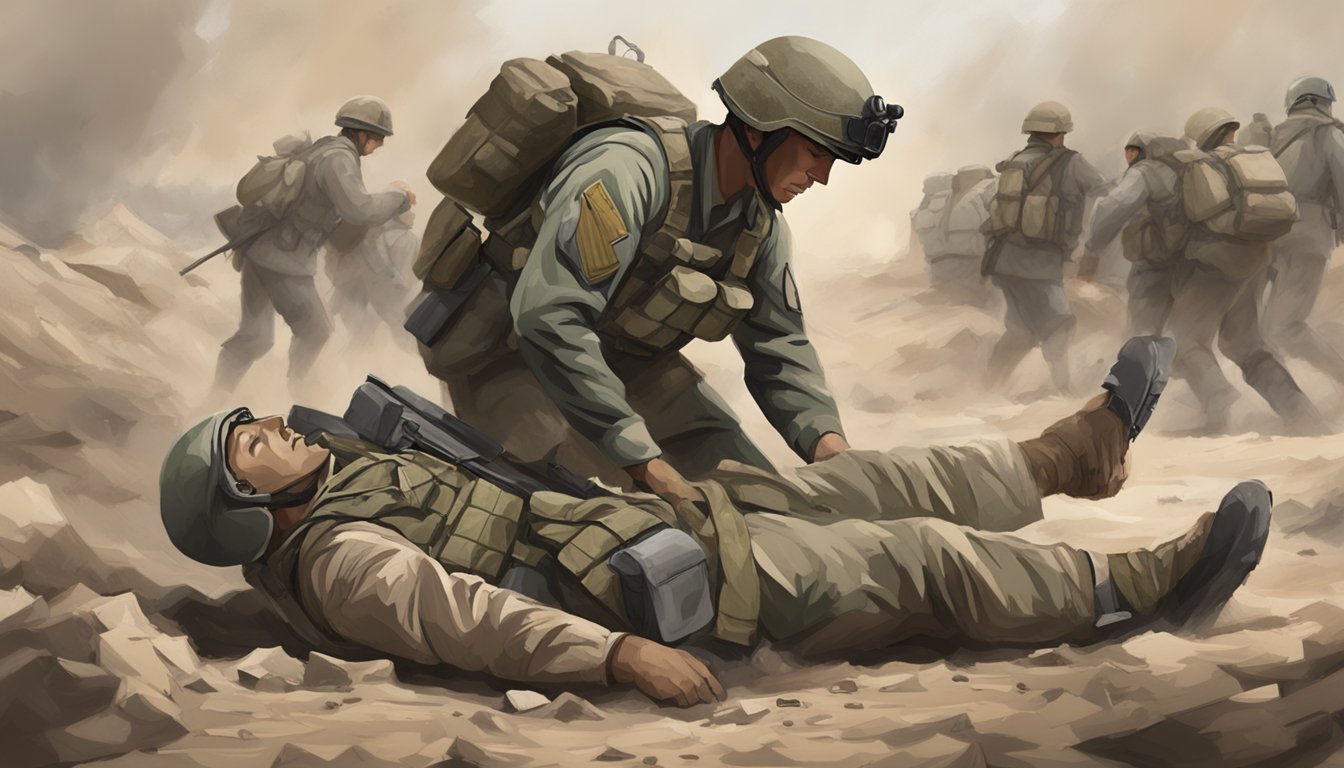 A soldier applying a military field dressing to a wounded comrade in a dusty, chaotic battlefield