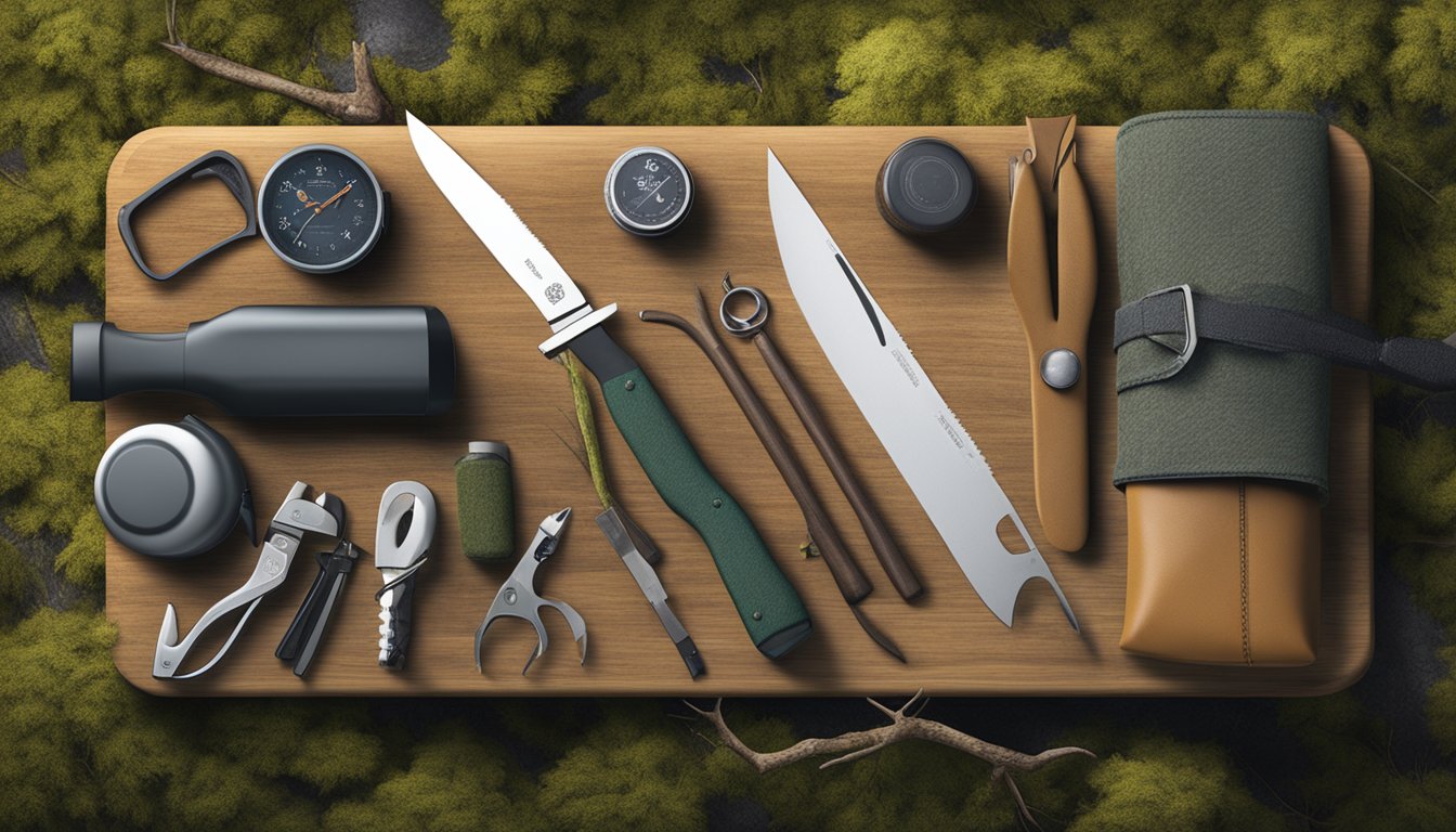 A hunting field dressing kit laid out on a mossy log, with a knife, bone saw, and other tools neatly organized