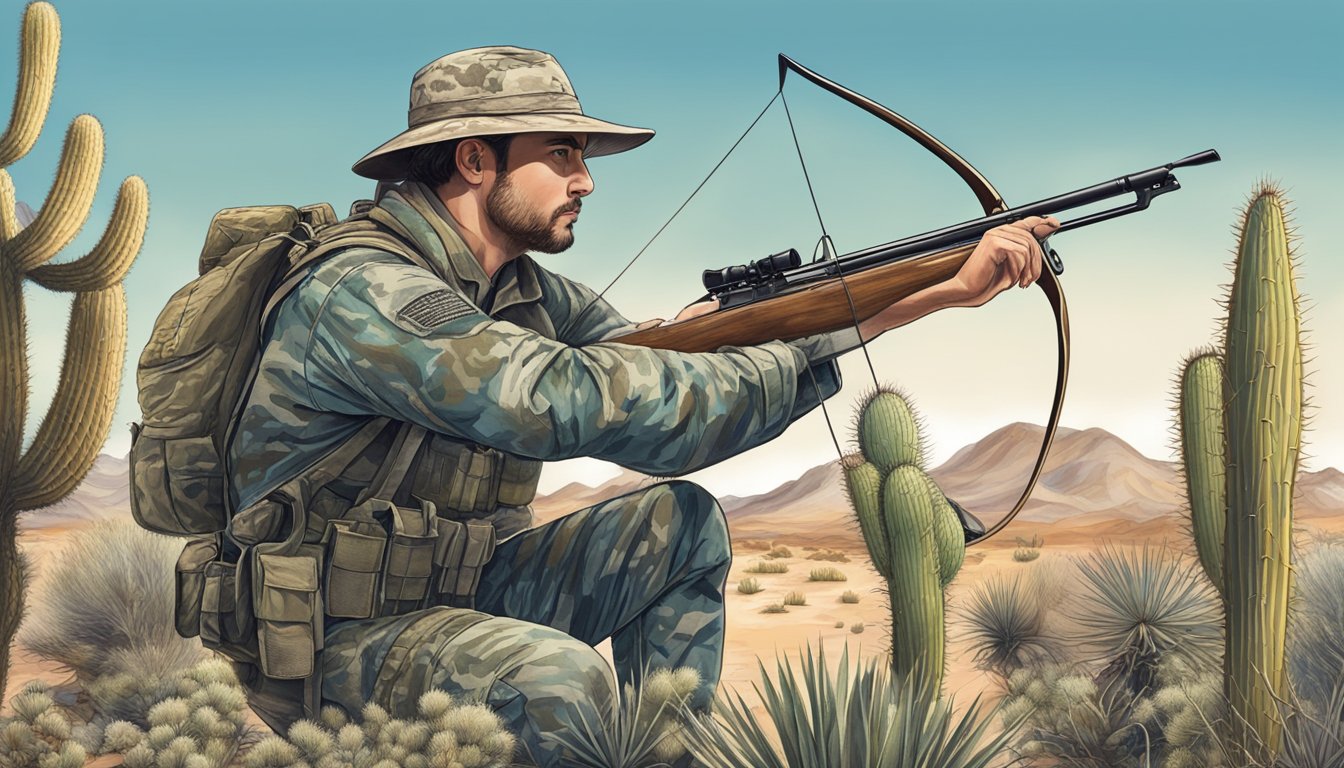 A hunter in camouflage drawing a bow, surrounded by desert brush and cacti, with a clear blue sky overhead