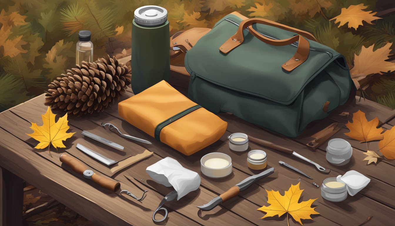 A hunting field dressing kit laid out on a wooden table in a forest clearing, surrounded by fallen leaves and pinecones