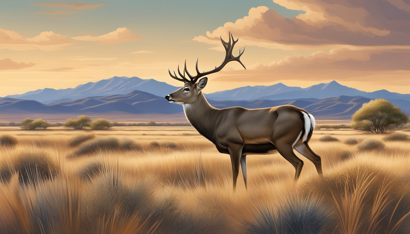 A deer grazing in an open field, surrounded by tall grass and a backdrop of desert mountains in Arizona during bow hunting season