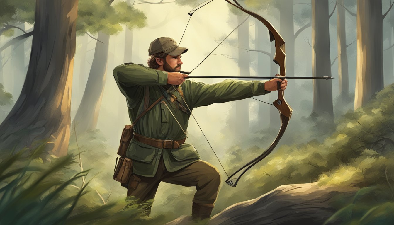 A hunter drawing a bow in a forest clearing, surrounded by trees and wildlife