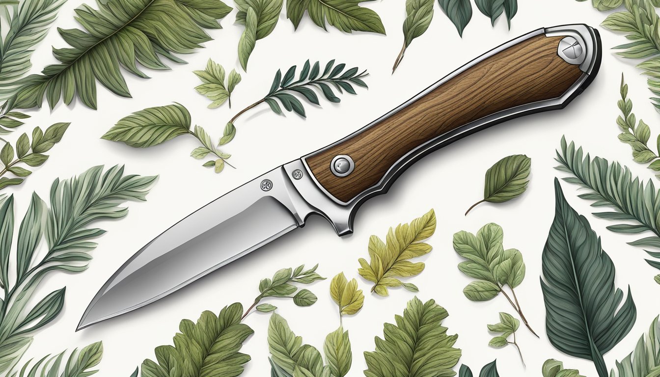 A stainless steel drop point knife with a textured handle, surrounded by forest foliage