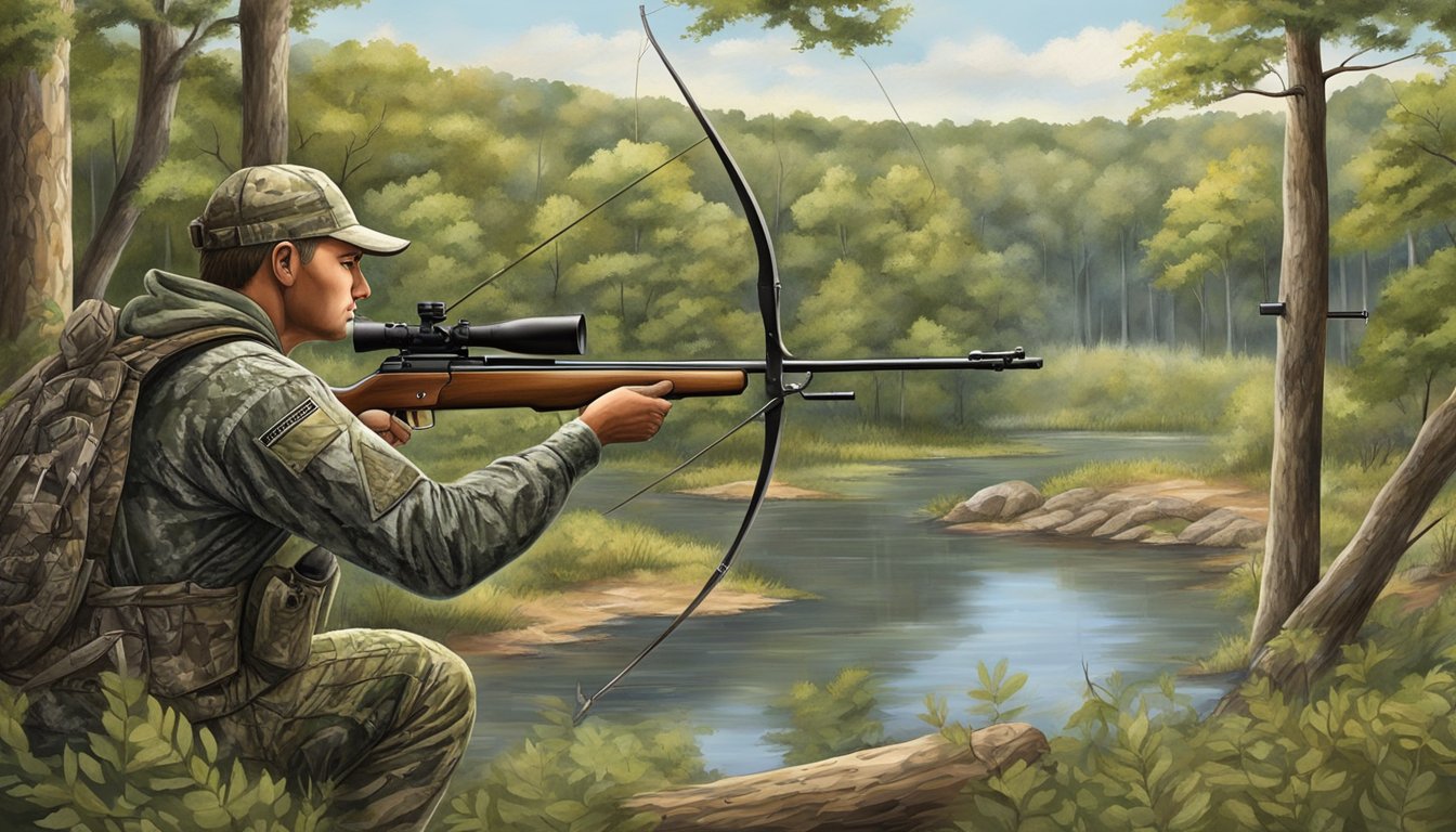 A hunter in camouflage draws a bow on a private Arkansas land, surrounded by trees and wildlife