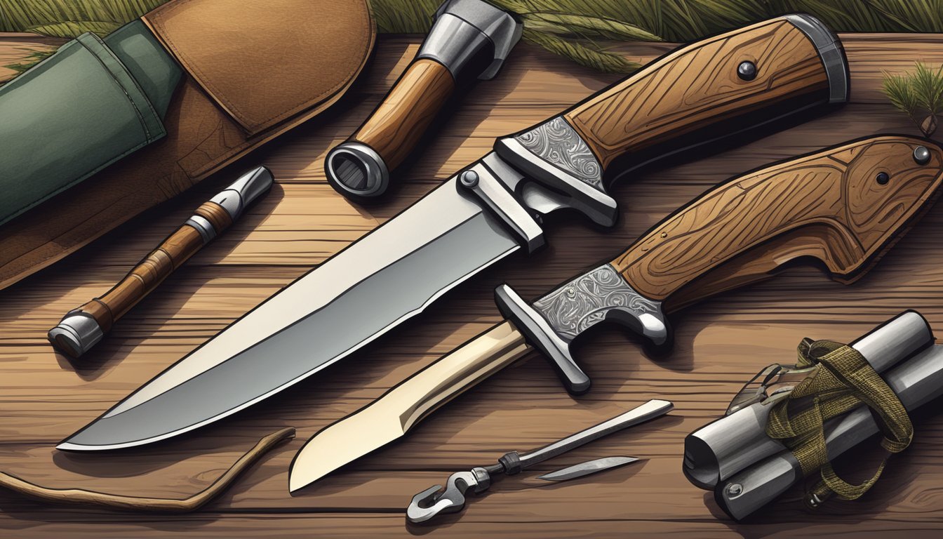 A hunting knife and additional tools laid out on a wooden surface in a natural outdoor setting