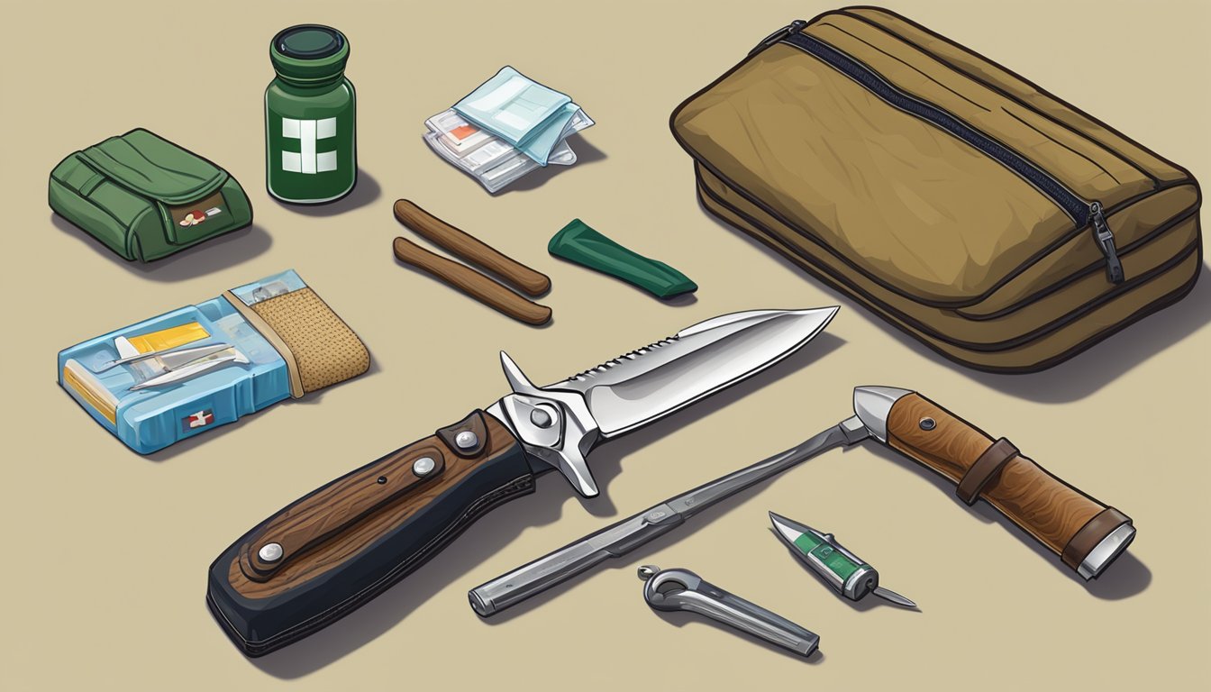 A hunting knife laid out next to a field-dressed animal, with gloves and a first aid kit nearby