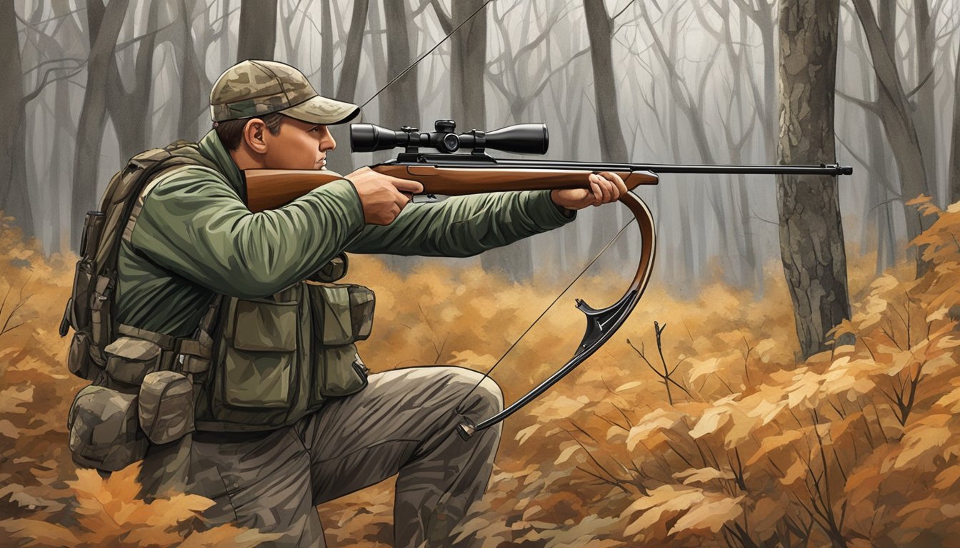 A hunter in camouflage aiming a bow at a deer in a wooded area during bow hunting season in Connecticut