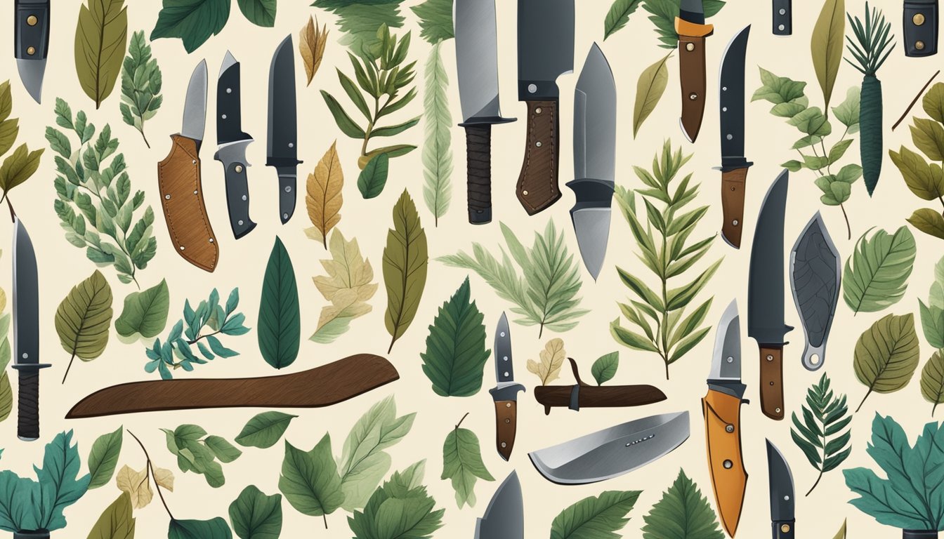 A hunting knife surrounded by various sheath options, set against a rustic outdoor backdrop with natural elements like leaves and branches