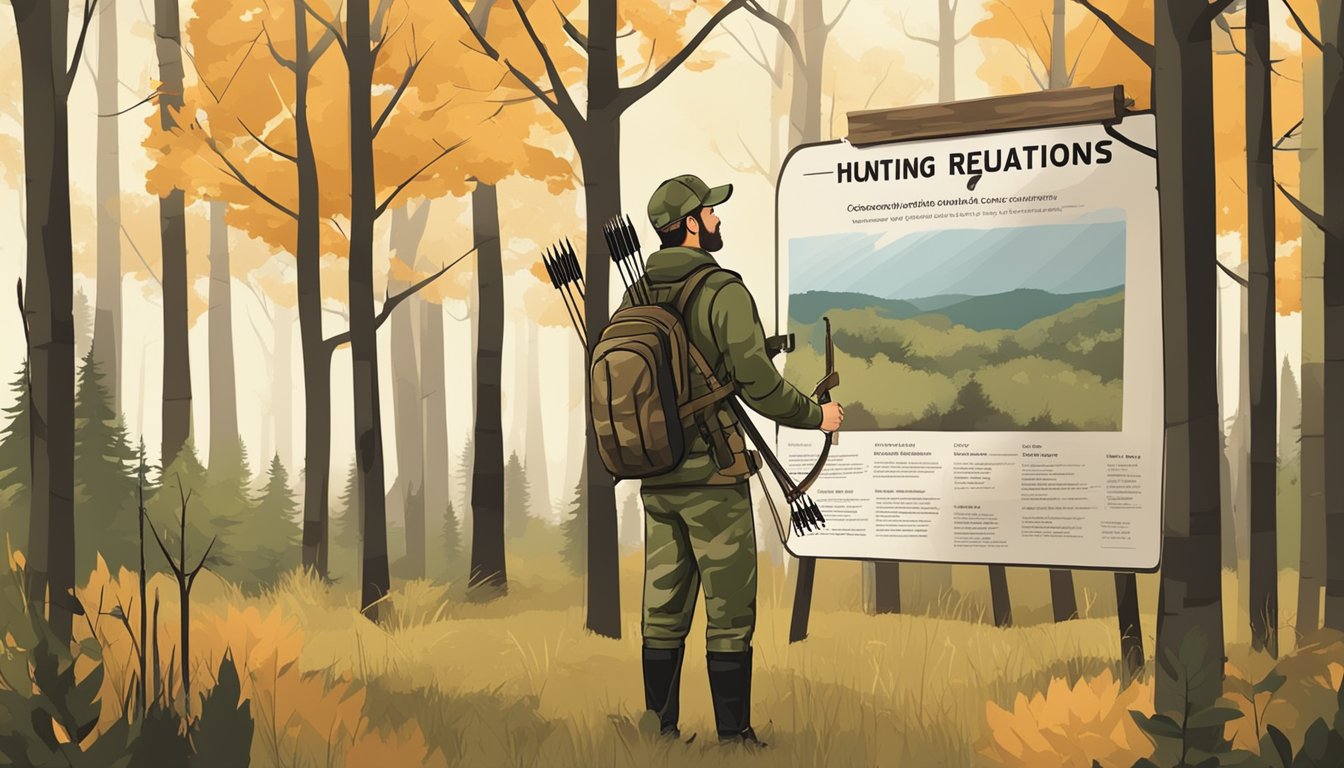 A hunter in camouflage with a bow and arrow, standing in a wooded area with a sign displaying hunting regulations and laws for bow hunting season in Connecticut