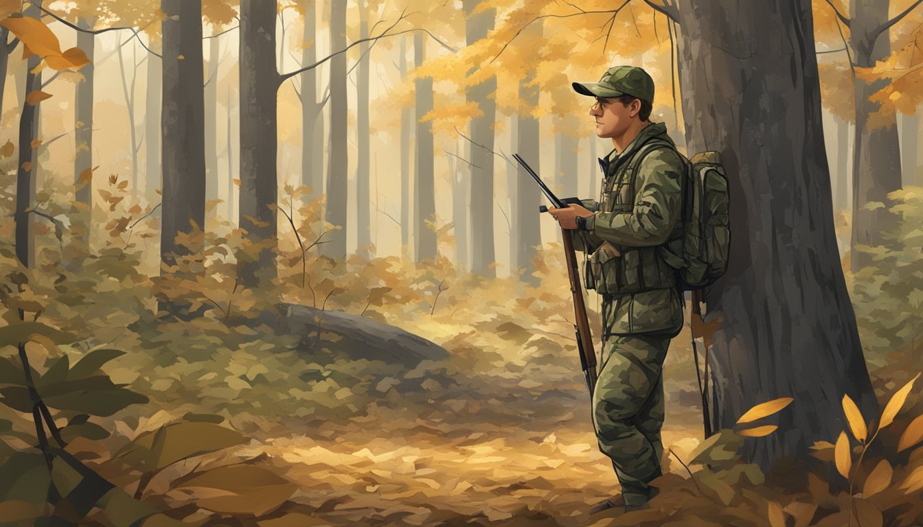 A hunter in camouflage stands in a forest clearing, bow in hand, surrounded by trees and fallen leaves. A "Licensing and Education" sign is posted nearby