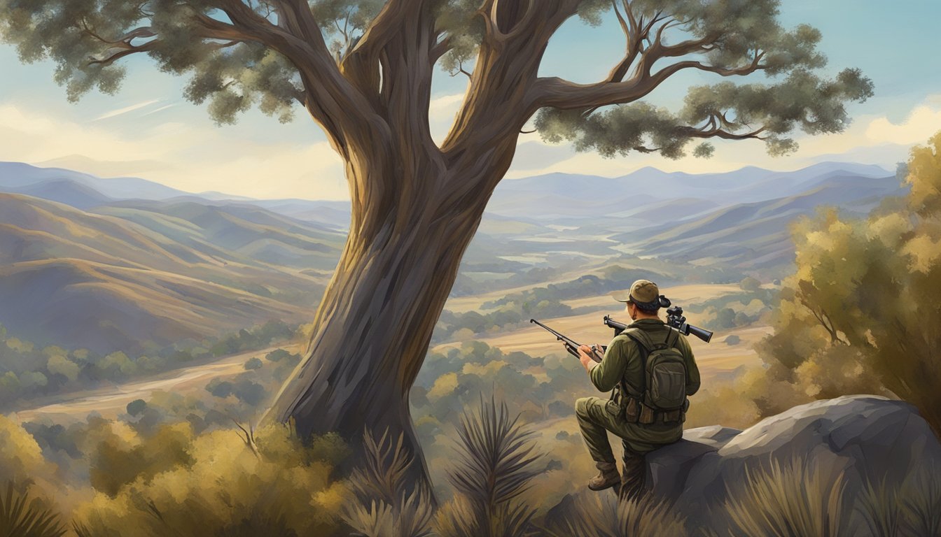 A hunter in a tree stand, bow drawn, overlooking a California hunting zone with rolling hills and dense vegetation