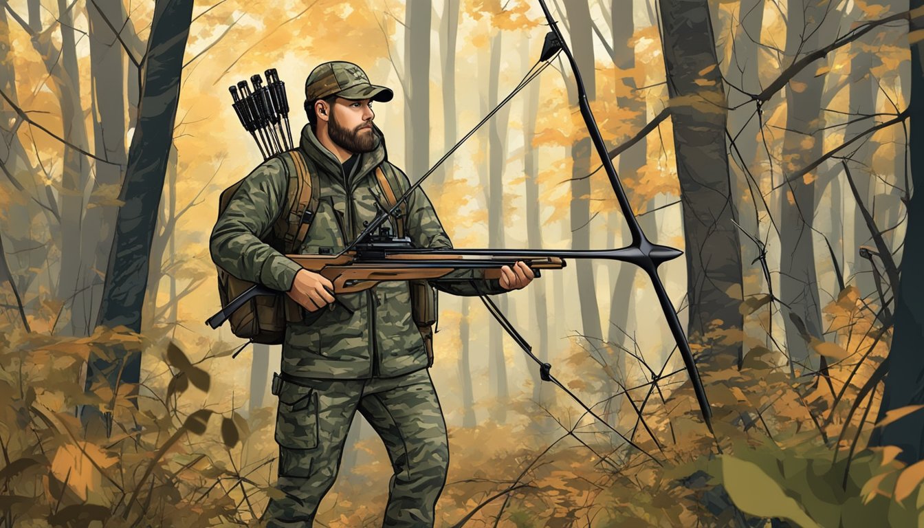 A hunter in camouflage with a compound bow, arrows, and tree stand in a dense forest during bow hunting season in Connecticut