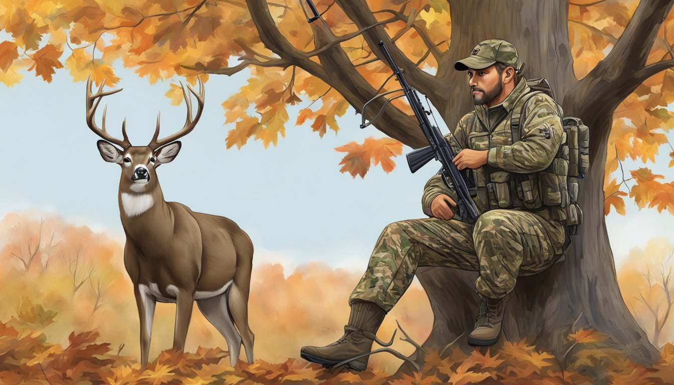 A hunter in camouflage waits in a tree stand, surrounded by autumn foliage. A whitetail deer grazes nearby, unaware of the impending bow hunting season in Connecticut