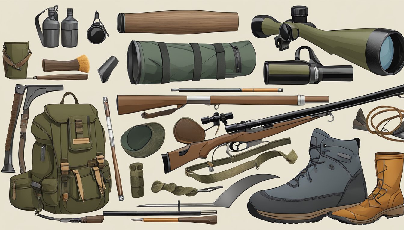 A hunter's gear and equipment laid out in the California wilderness during bow hunting season