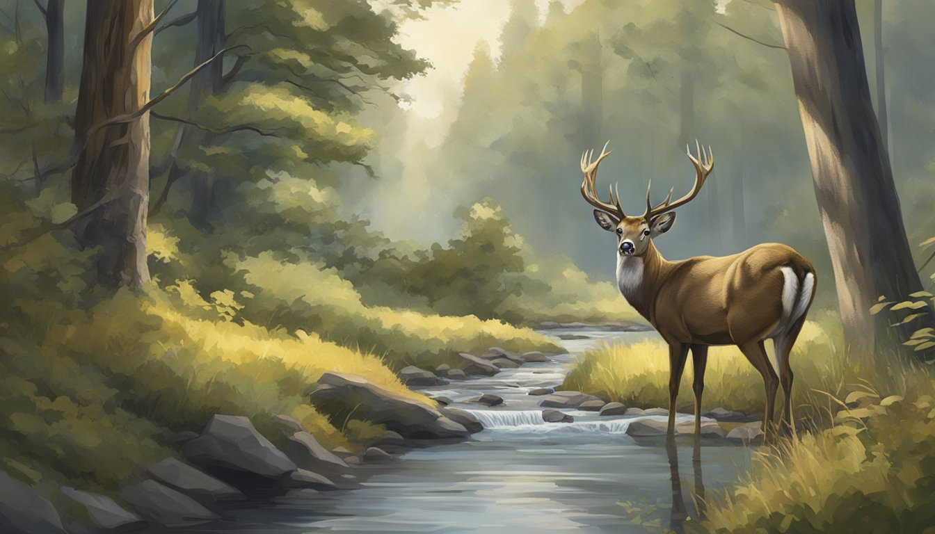 A deer cautiously drinks from a stream as a bow hunter waits in the distance, camouflaged among the trees