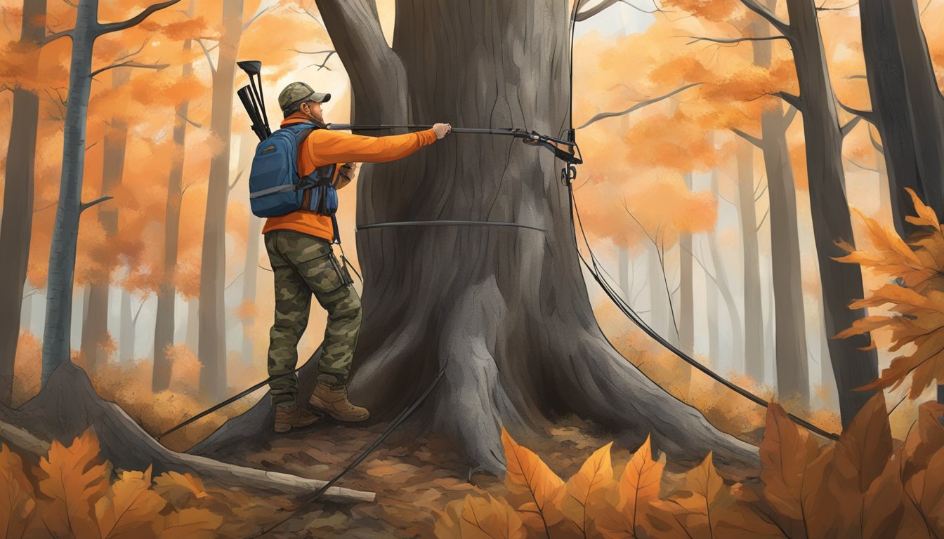 A hunter in camouflage clothing and orange vest sets up a tree stand in the woods, placing safety harness and gear within reach