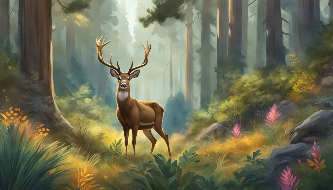 A deer cautiously forages in a lush California forest, surrounded by vibrant wildlife, as the bow hunting season for conservation begins