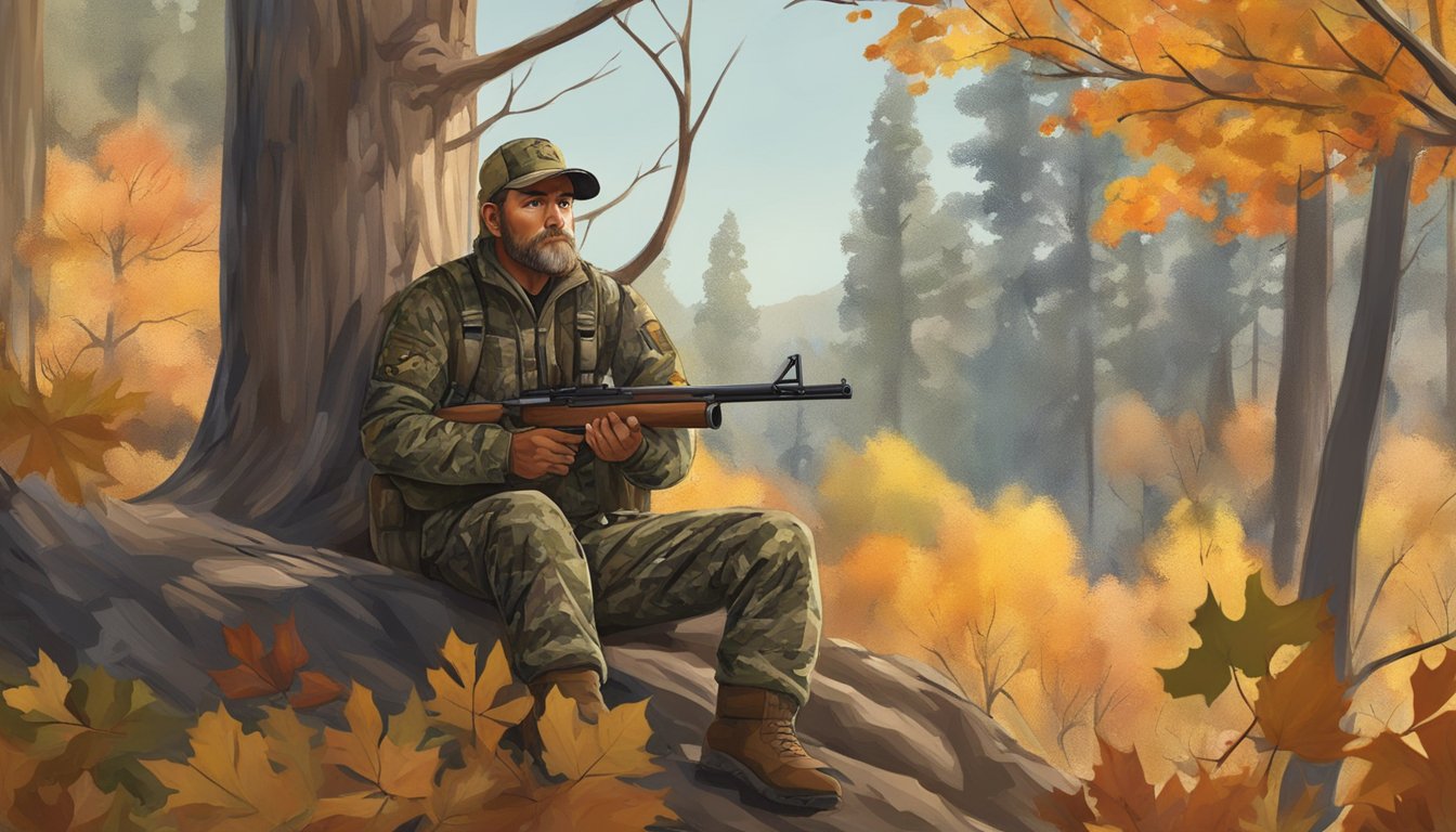 A hunter in camouflage waits in a tree stand, surrounded by autumn foliage in the California wilderness