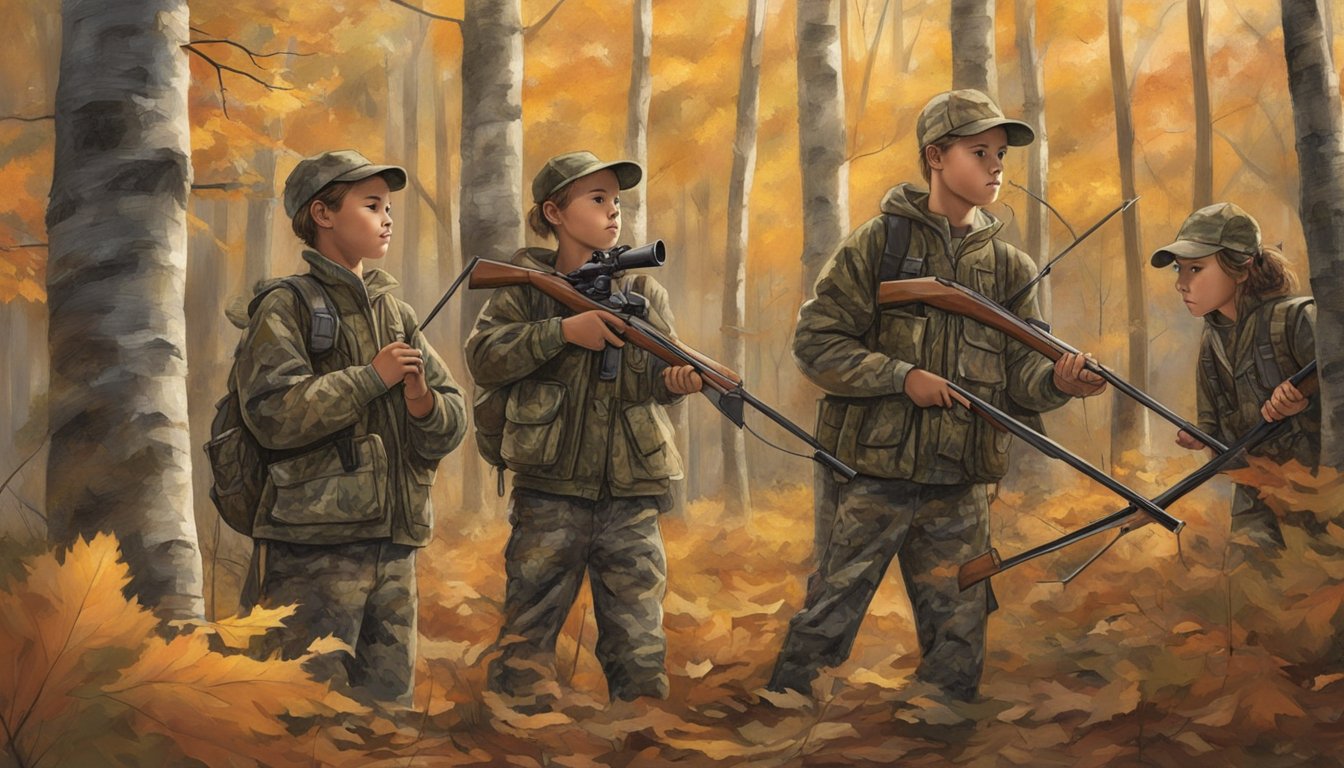 A group of young hunters in camouflage gear quietly stalk through the autumn woods, bows at the ready, as they participate in a youth hunting program during bow hunting season in Connecticut