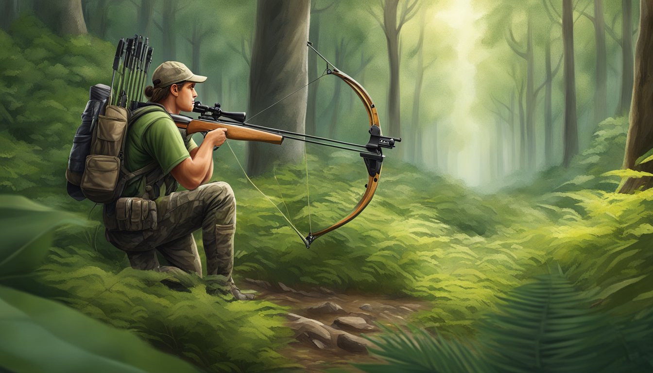 A bow hunter in the woods, surrounded by lush greenery and wildlife, with a focus on the balance between health and disease considerations