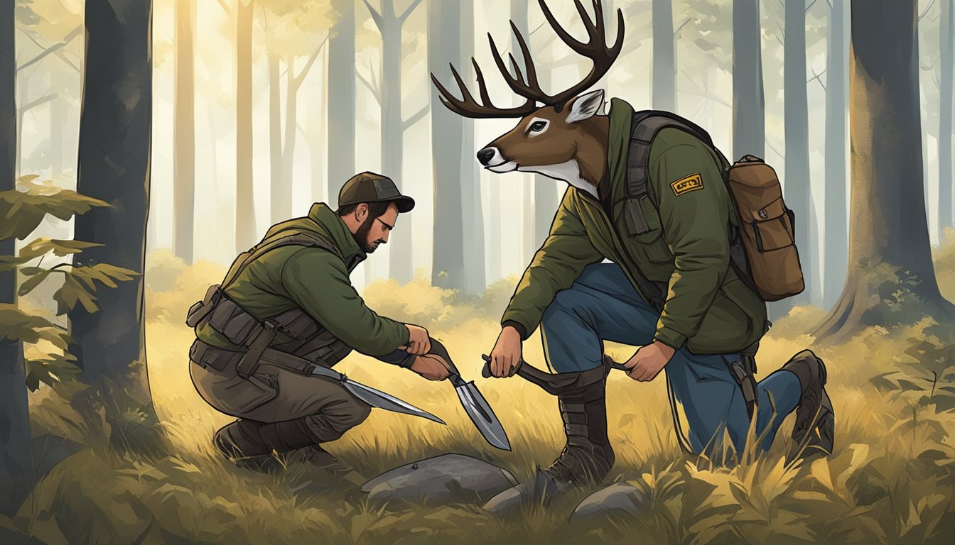 A hunter kneeling in the woods, field dressing a deer with an ergonomic and safety knife. The knife's design ensures a comfortable and secure grip, while the hunter works with precision and caution