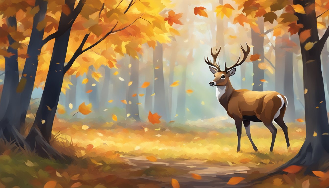 A deer grazing peacefully in a wooded area, surrounded by colorful autumn leaves and a crisp breeze