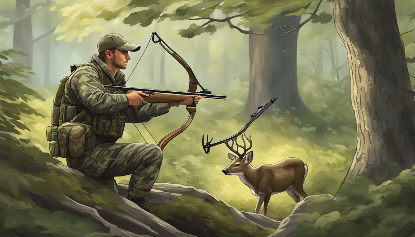 A hunter in camouflage drawing a bow, with a deer in the distance, surrounded by trees and foliage