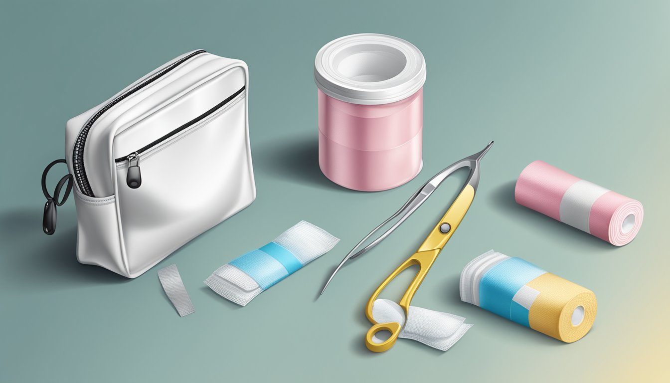 A compact pouch containing bandages, antiseptic wipes, scissors, and medical tape