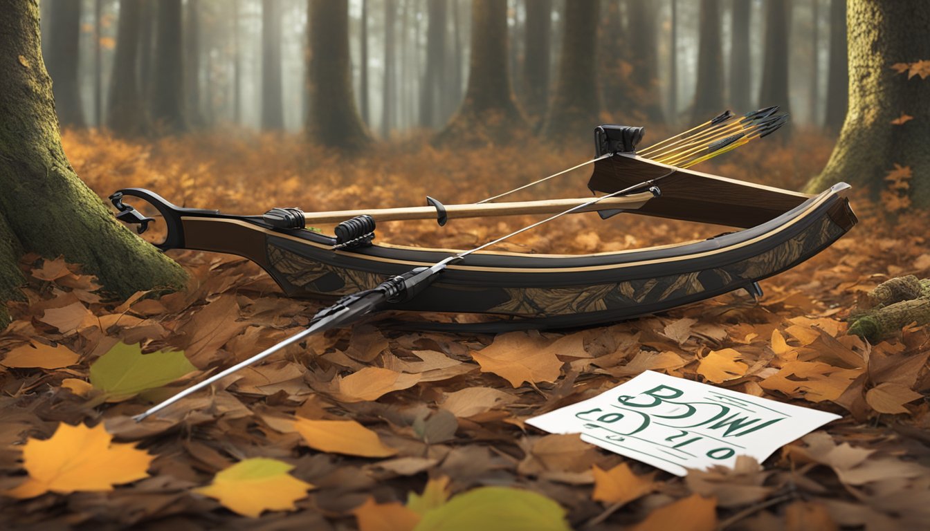 A bow and arrow lying on the forest floor, surrounded by fallen leaves and branches, with a sign nearby indicating the start of bow hunting season in Delaware