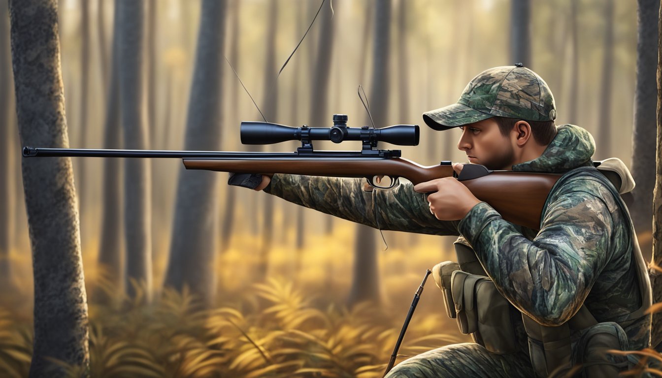 A hunter in camouflage draws back a bow, aiming at a deer in a Florida forest during bow hunting season