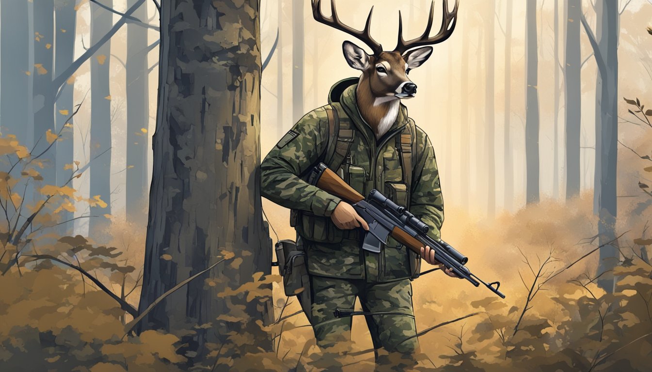 A hunter in camouflage waits in a tree stand, arrows at the ready. A deer cautiously approaches the clearing, its ears perked in alertness