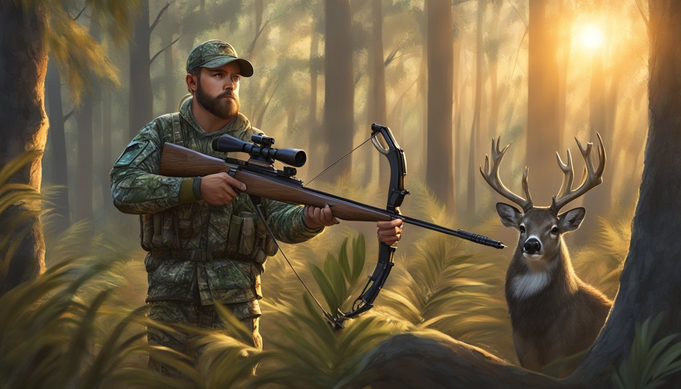 A hunter in camouflage stands in a Florida forest, aiming a bow at a deer. The sun sets behind the dense foliage