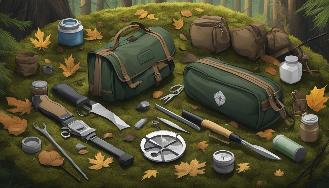 A hunter's lightweight field dressing kit laid out on a mossy forest floor, surrounded by fallen leaves and pine needles