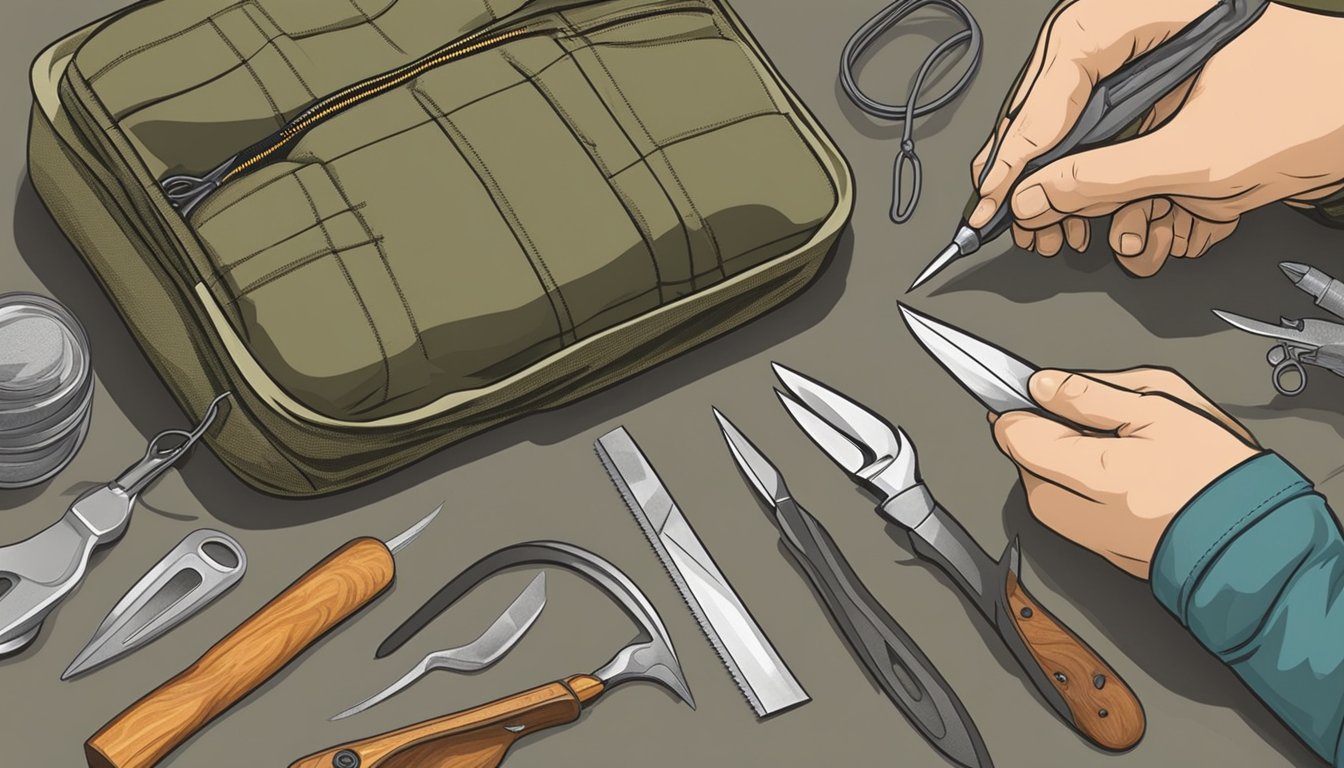 A hunter's hands unzip a lightweight field dressing kit, revealing clean tools for processing game