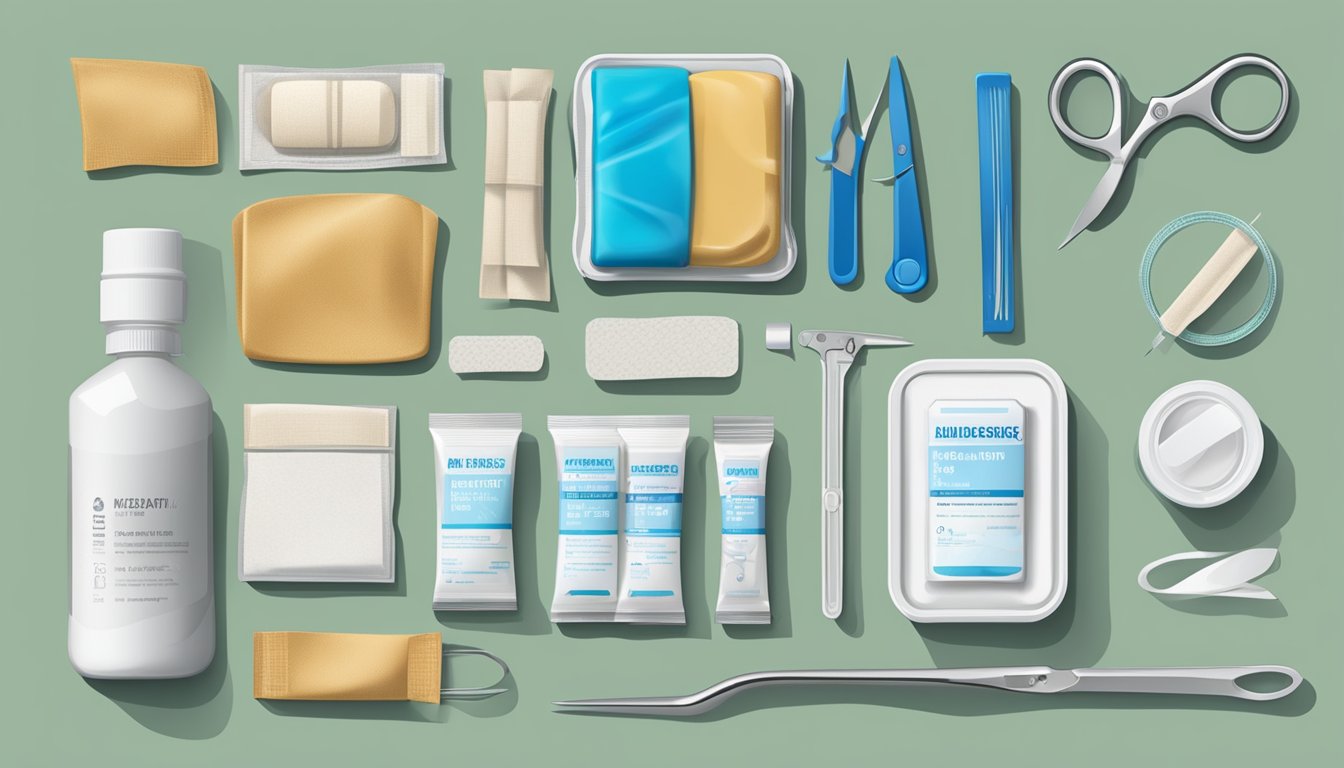 A compact field dressing kit with bandages, antiseptic wipes, and scissors laid out on a clean, flat surface