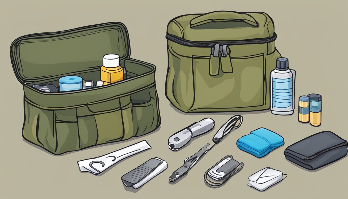 A compact field dressing kit with various tools and supplies, including bandages, scissors, antiseptic wipes, and a tourniquet, neatly organized in a durable, lightweight case