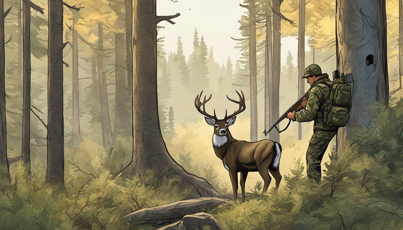 A hunter in camouflage drawing back a bow in an Idaho forest, with a deer in the background