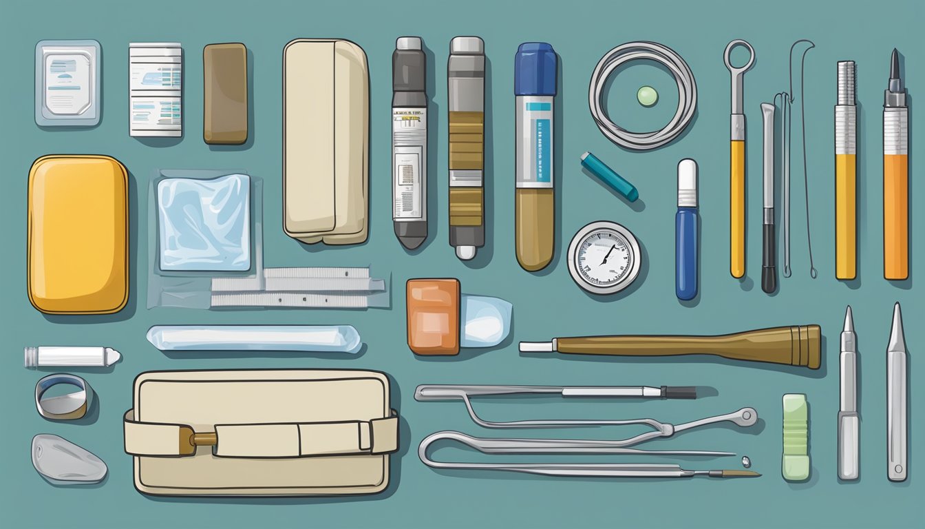 A compact field dressing kit with various medical supplies laid out on a clean, flat surface