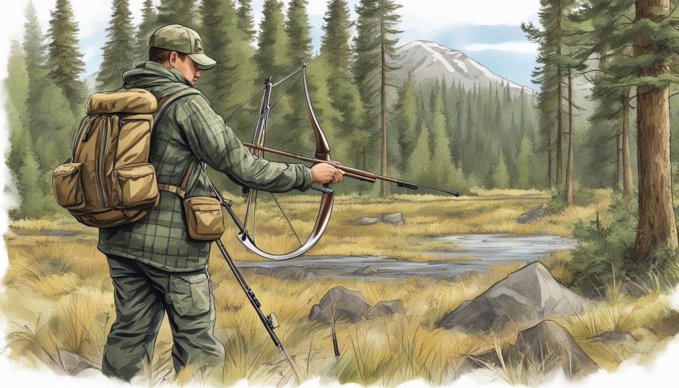 A hunter in camouflage drawing a bow near a forest clearing with a sign displaying Idaho hunting regulations