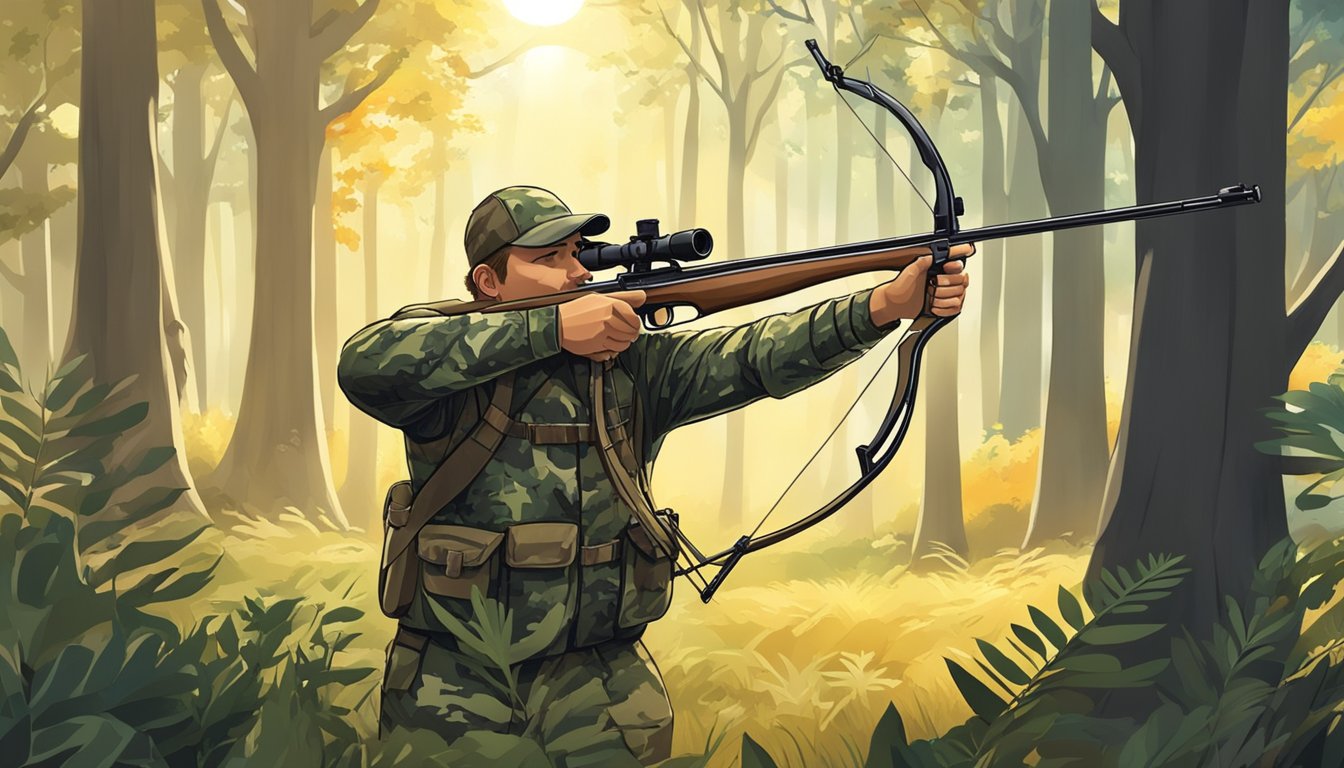 A hunter in camouflage draws back their bow, aiming at a deer grazing in a sun-dappled forest clearing