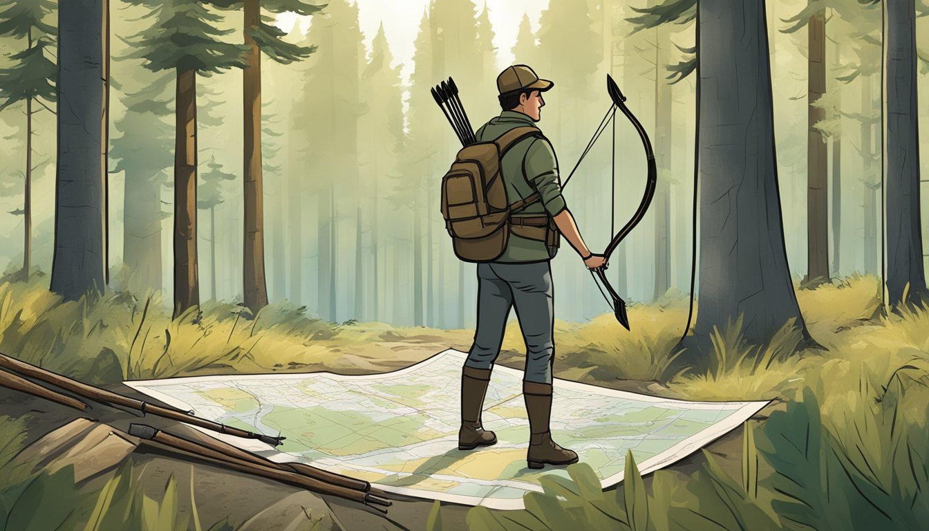 A hunter holding a bow and arrow stands in a forest clearing with a license displayed. A map of Idaho and educational materials are laid out nearby