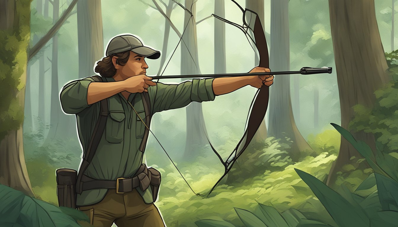 A hunter drawing back a bow in a wooded area, surrounded by the lush greenery of the Georgia forest