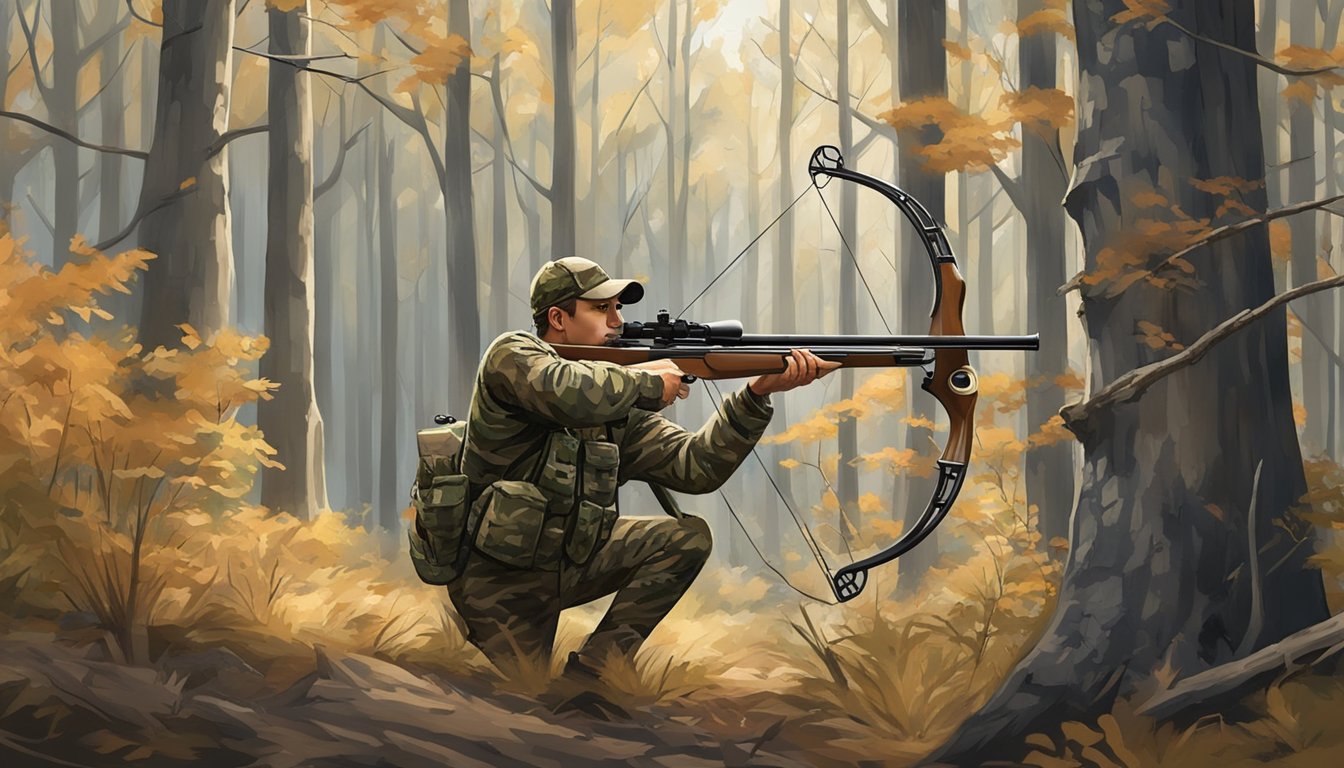 A hunter in camouflage aiming a bow at a deer in a wooded area during bow hunting season in Georgia