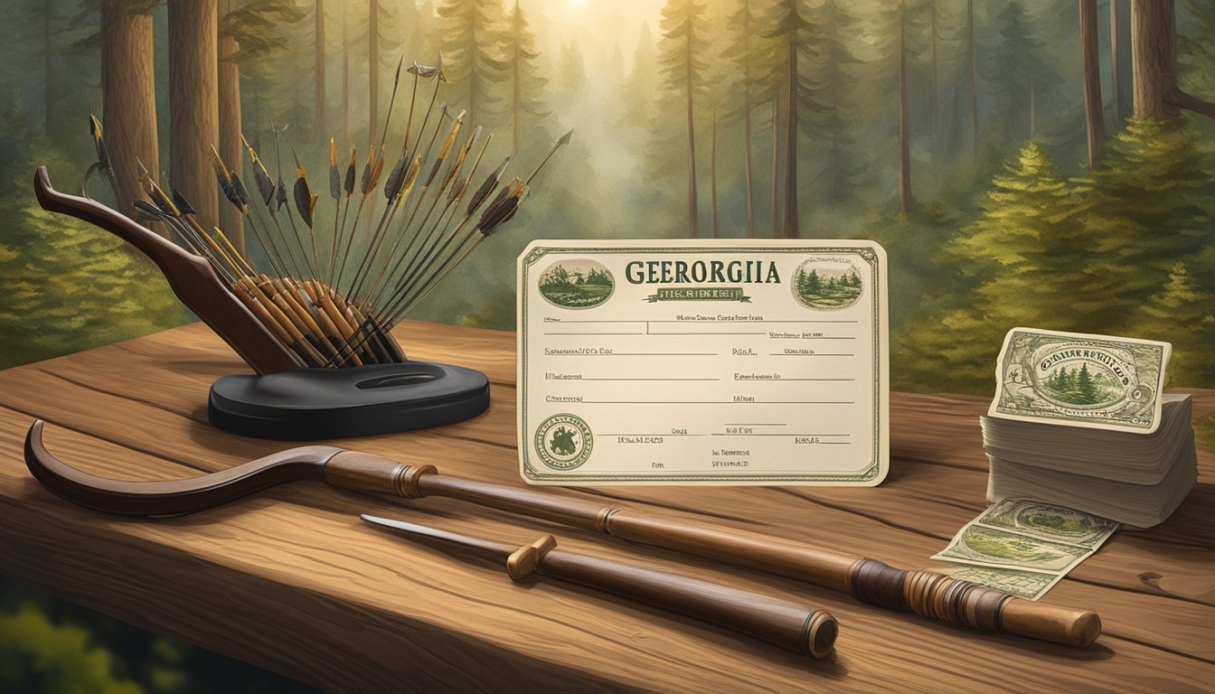 A hunter's license, stamps, and fees displayed on a wooden table with a bow and arrow, surrounded by Georgia's forest landscape