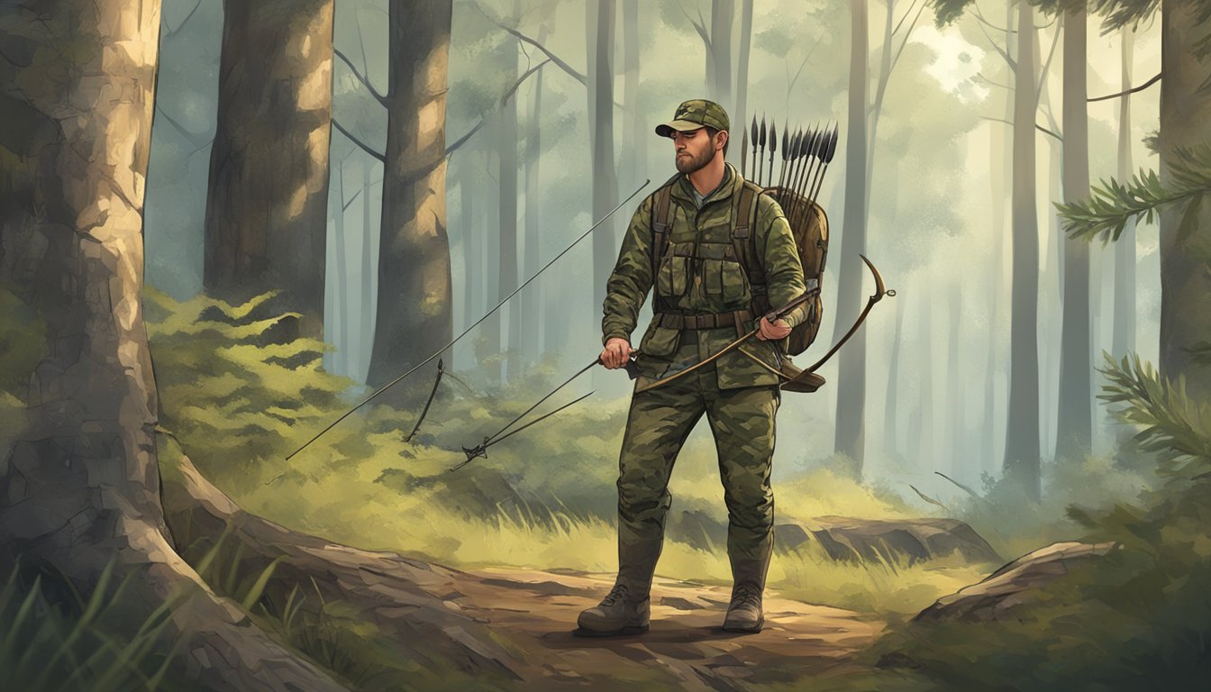 A hunter in camouflage with a bow and arrow in a forest clearing in Alabama during hunting season